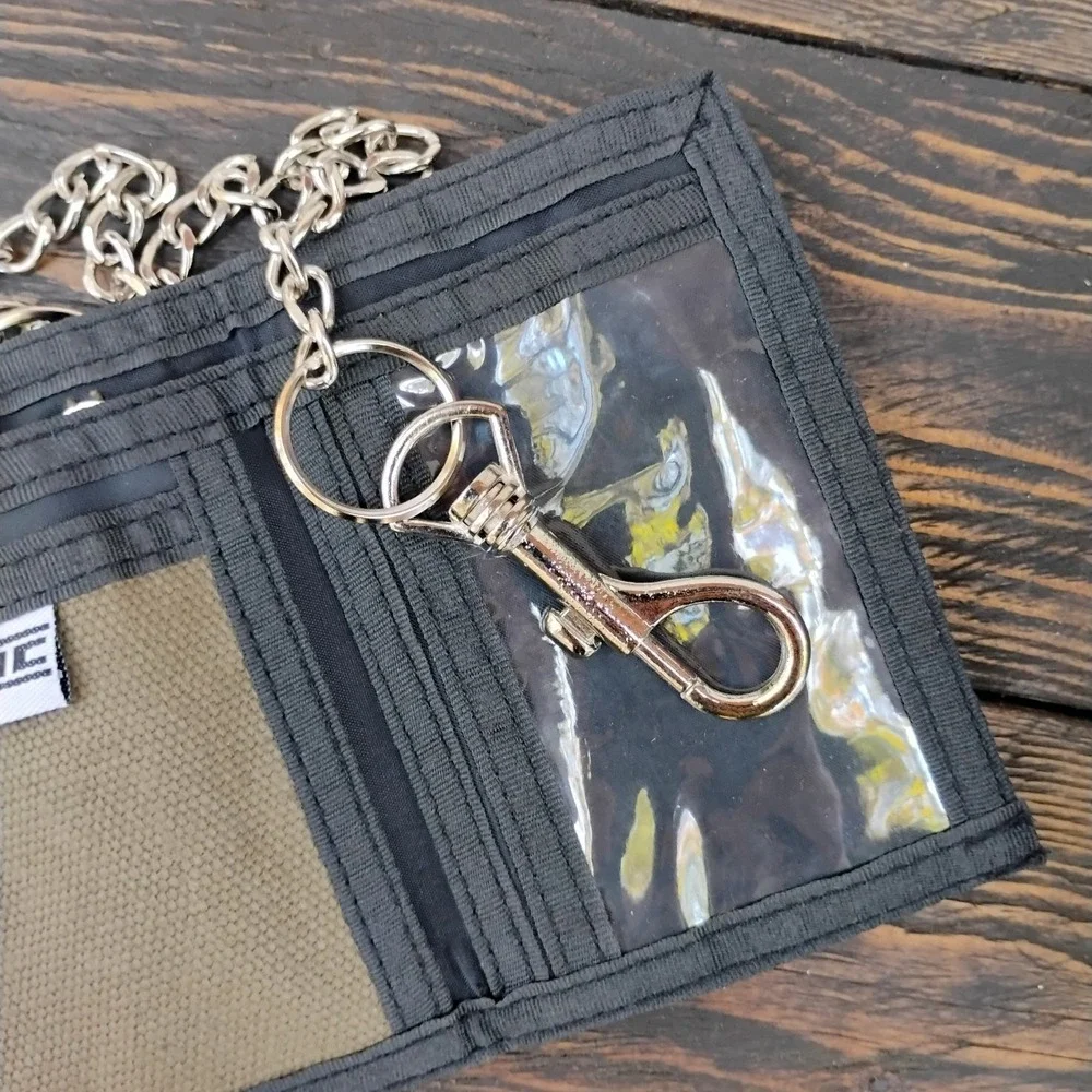 THC Khaki HASH Hook and Loop Embroidered Fabric TriFold Wallet With Chain